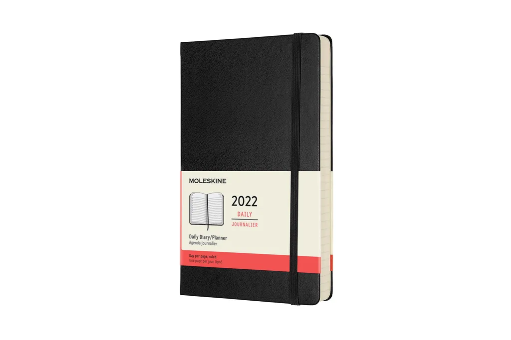 Moleskine 12 Monate Tageskalender 2022 - Fester Einband - Englischer Kalender - 1 Tag = 1 Seite - Groß (13x21) - Schwarz